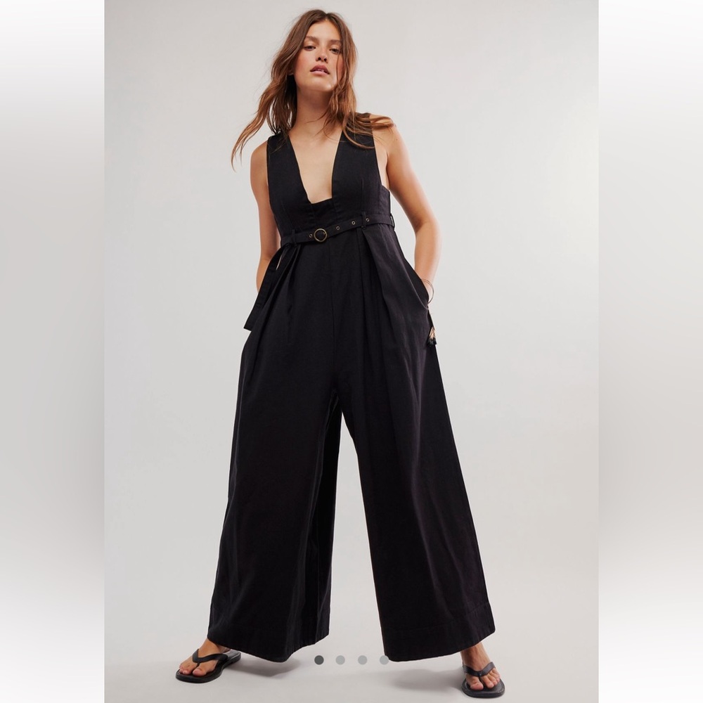 Free People Black Deep-V Wide-Leg Belted Jumpsuit